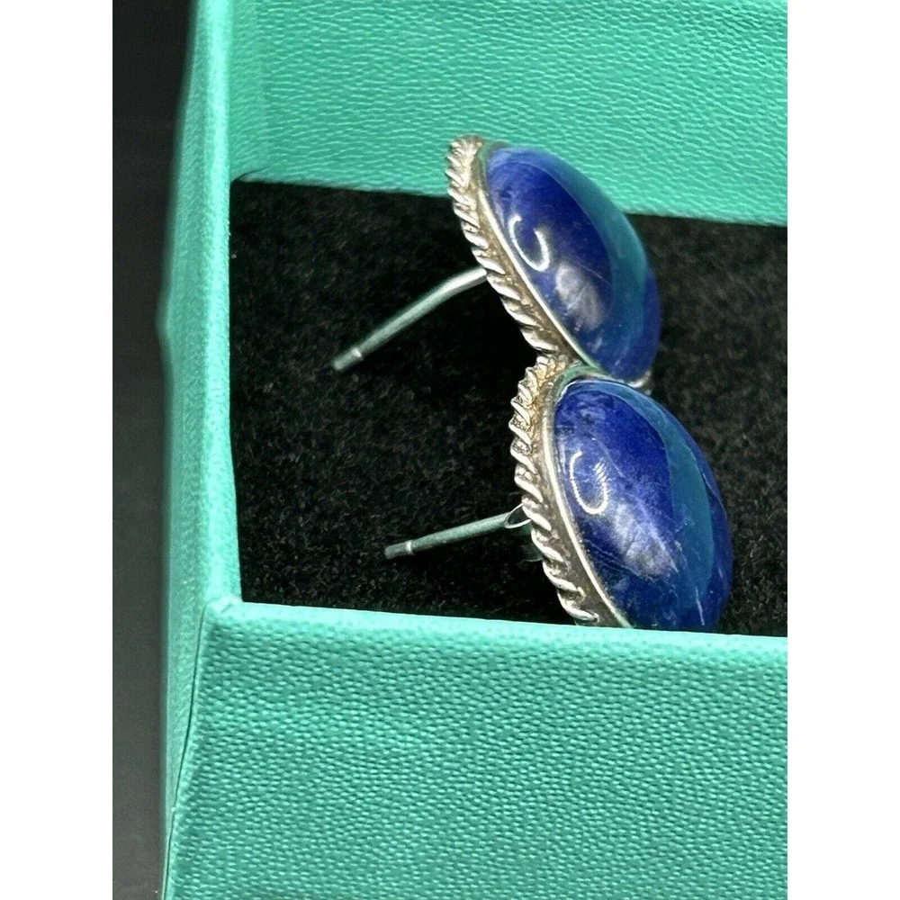Vintage Mexican Sterling Silver‎ Lapis Lazuli Button Statement Earrings 5.58 g